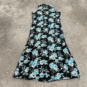 UM & Company Halter Maxi Dress Womens 7/8 Black Blue Floral Sleeveless Rayon